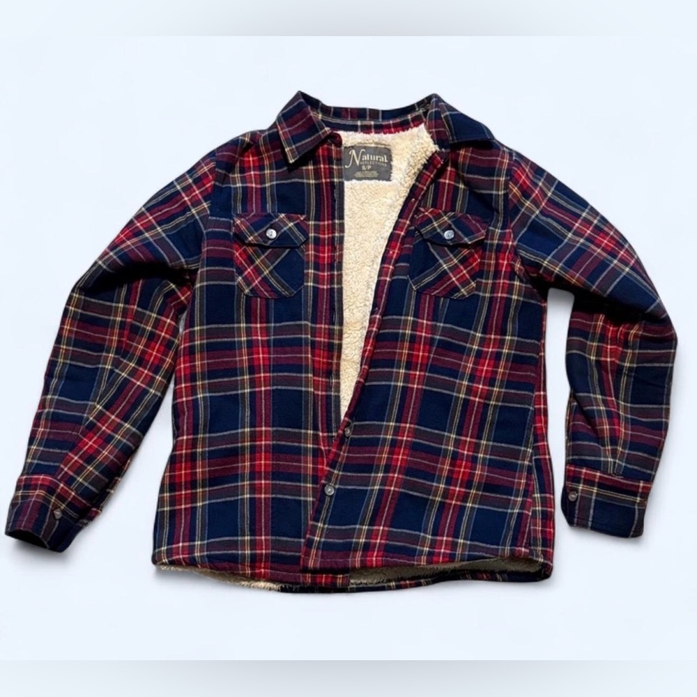 Red and blue plaid flannel jacket with fleece lining size small.